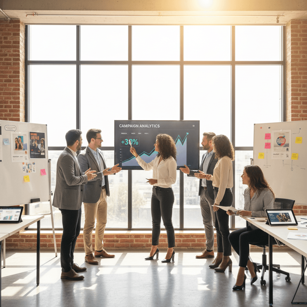 Marketing team analyzing campaign performance metrics