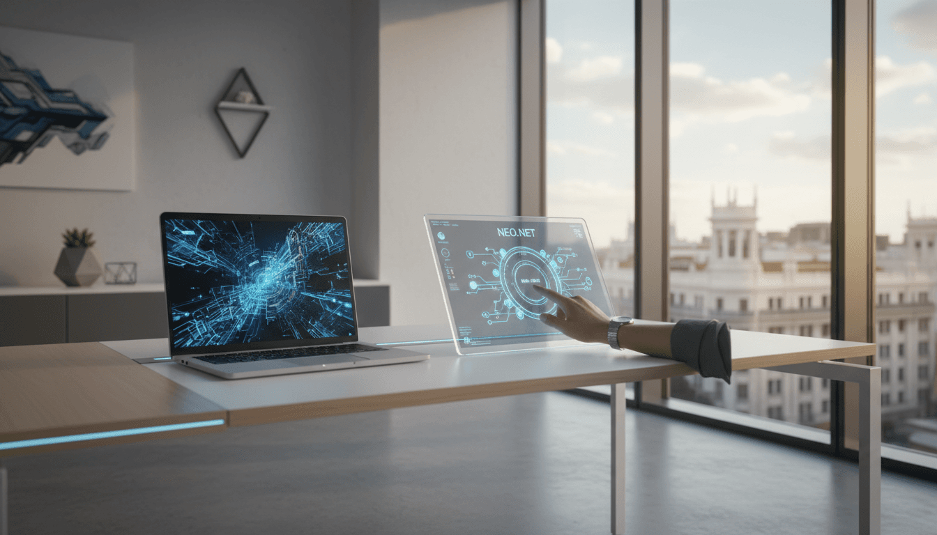 Professional AI workspace with network visualization and modern technology interface