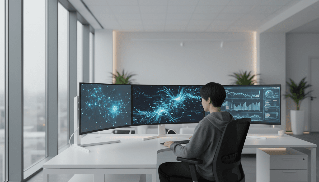 Professional working with AI dashboards and data visualizations