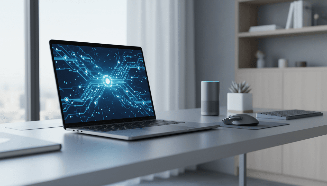 Modern workspace with laptop displaying AI interface and digital visualization